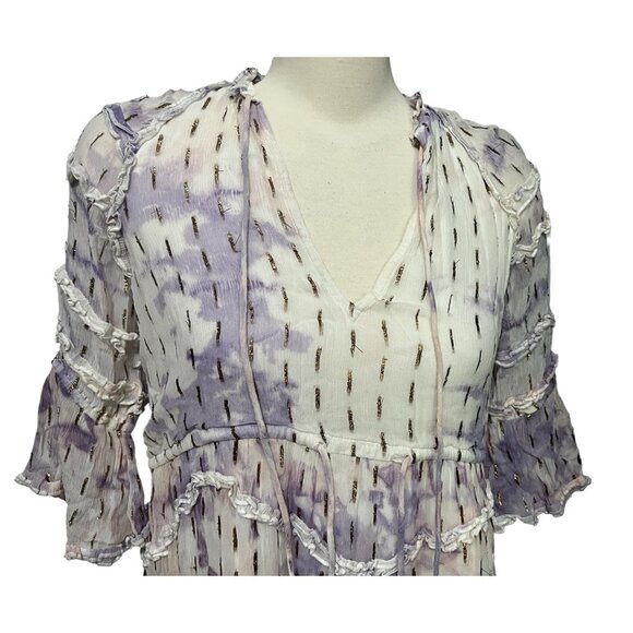Hemant & Nandita Vivian Color Gold Splash Peasant Dress Sz XS Womens Purple Shee - Picture 6 of 14